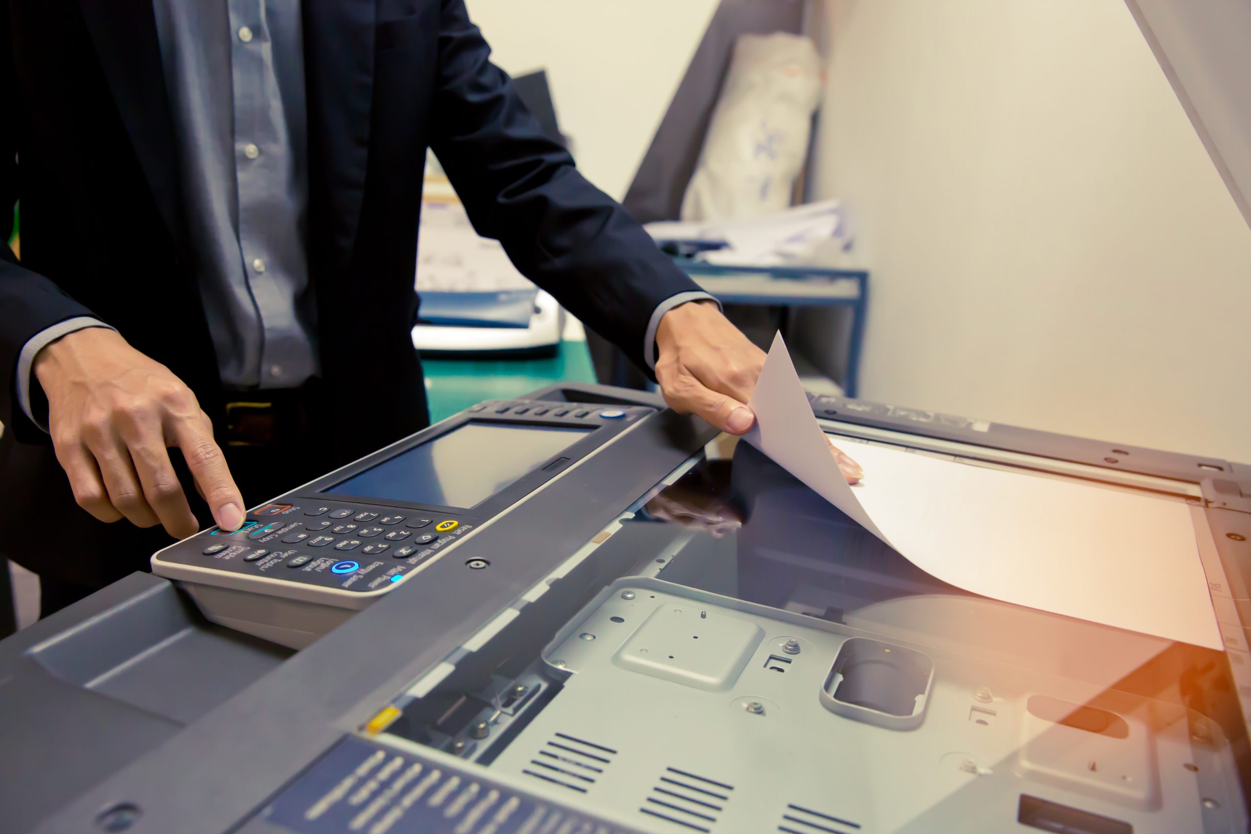 Bussiness,Man,Hand,Press,Button,On,Panel,Of,Printer,,Printer